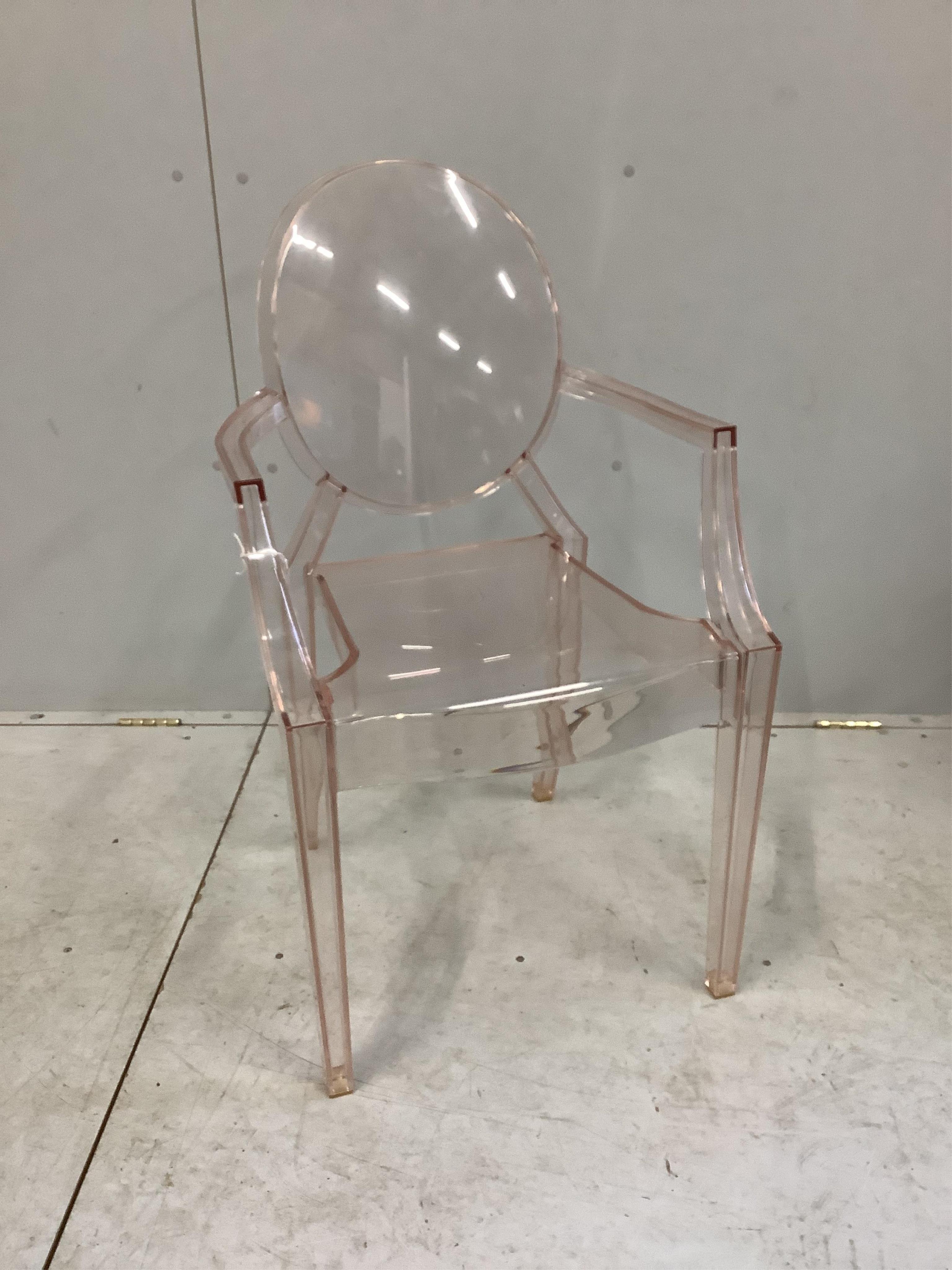 Philippe Starck pink-tinted transparent polycarbonate Louis Ghost chair, by Kartel, width 54cm, depth 42cm, height 92cm. Condition - fair